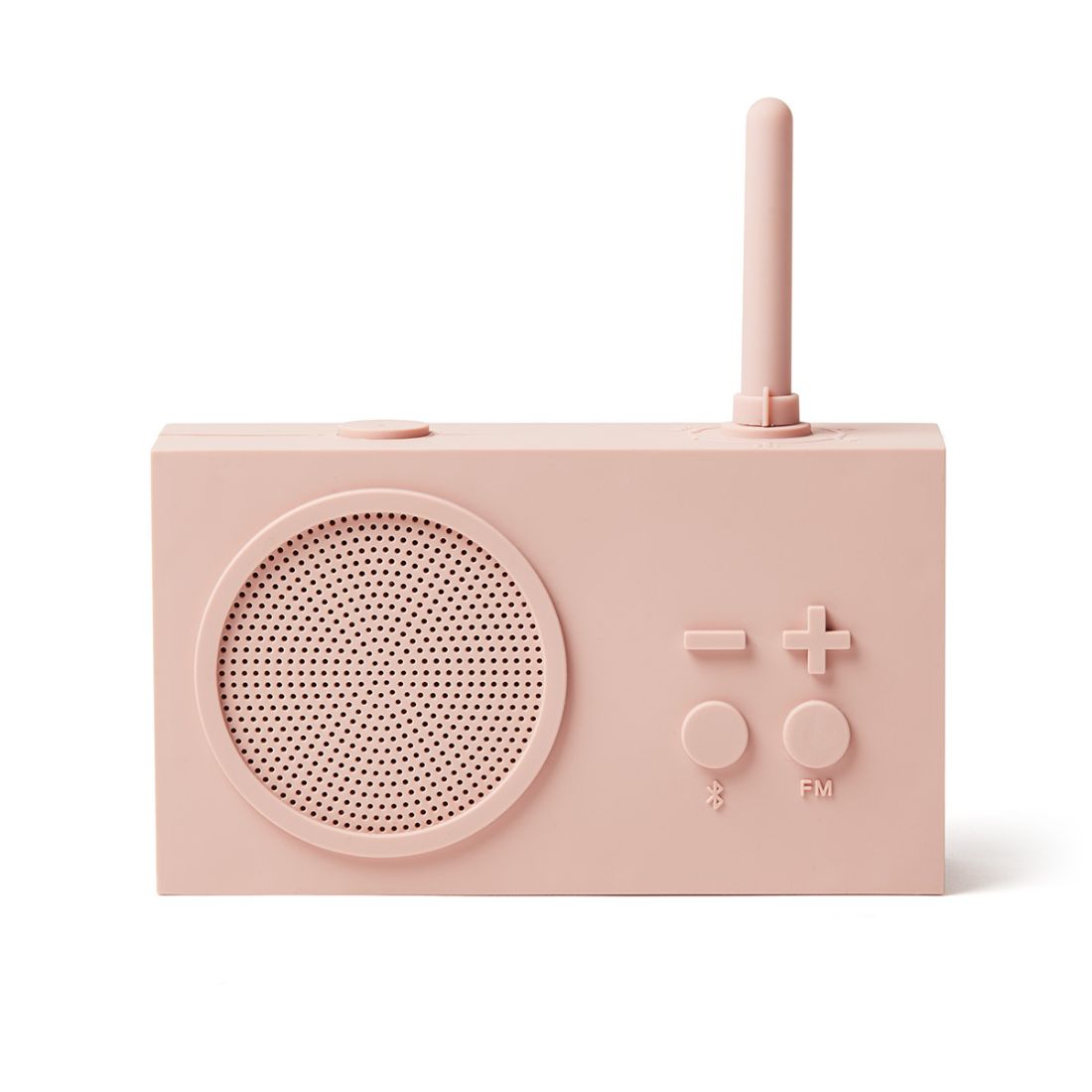 Pink portable radio with speaker and control buttons on a white background