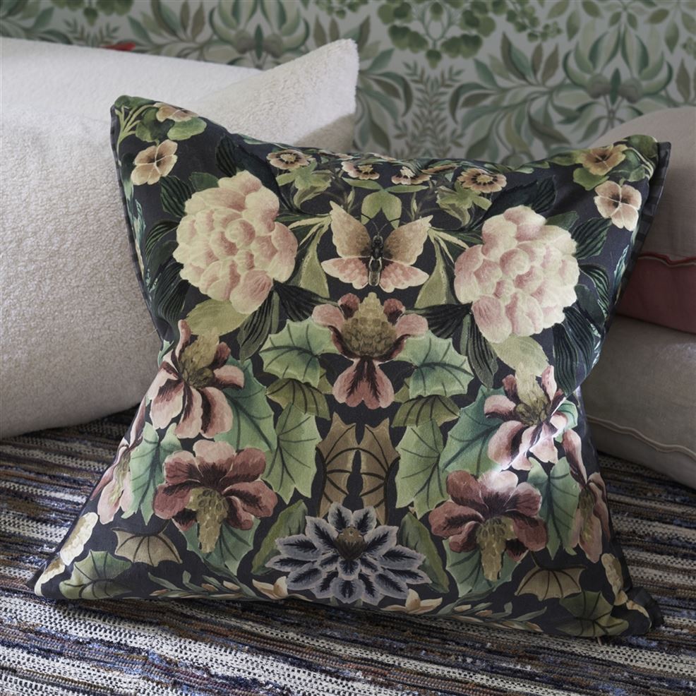 Ikebana Damask Velvet Cushion | Graphite