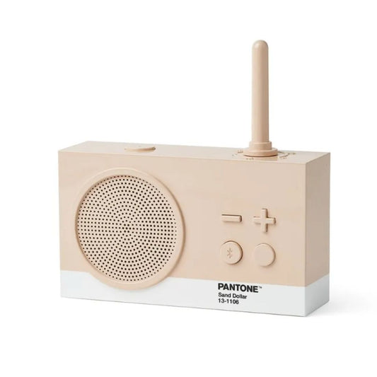 Beige portable radio with speaker and control buttons on a white background, featuring Pantone branding.