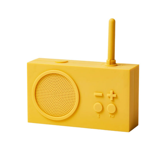 Yellow portable radio with a speaker and control buttons on a white background