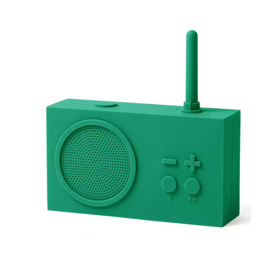 Front of a green radio with speaker and control buttons on a white background