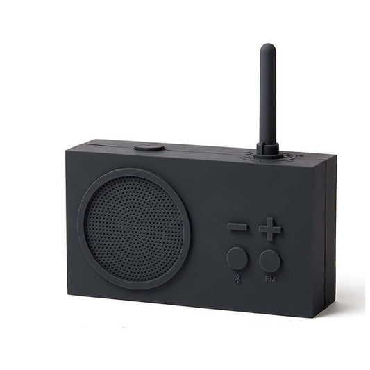 Dark grey portable radio with antenna on a white background