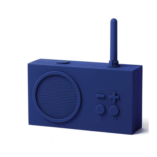 Dark blue portable radio with a speaker and control buttons on a white background