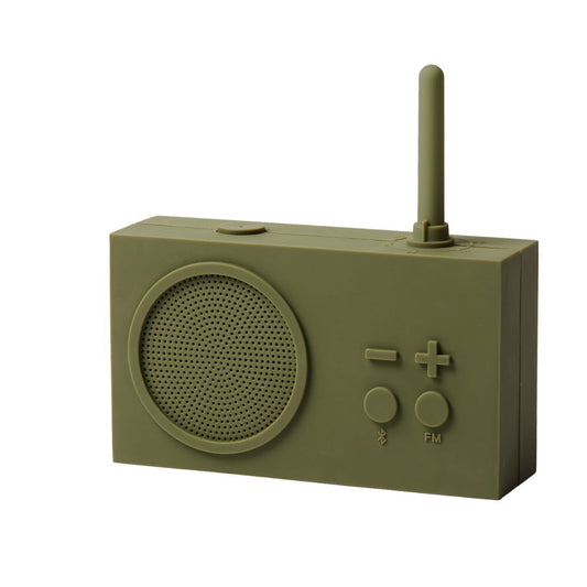 Khaki green portable radio with speaker and control buttons on a white background