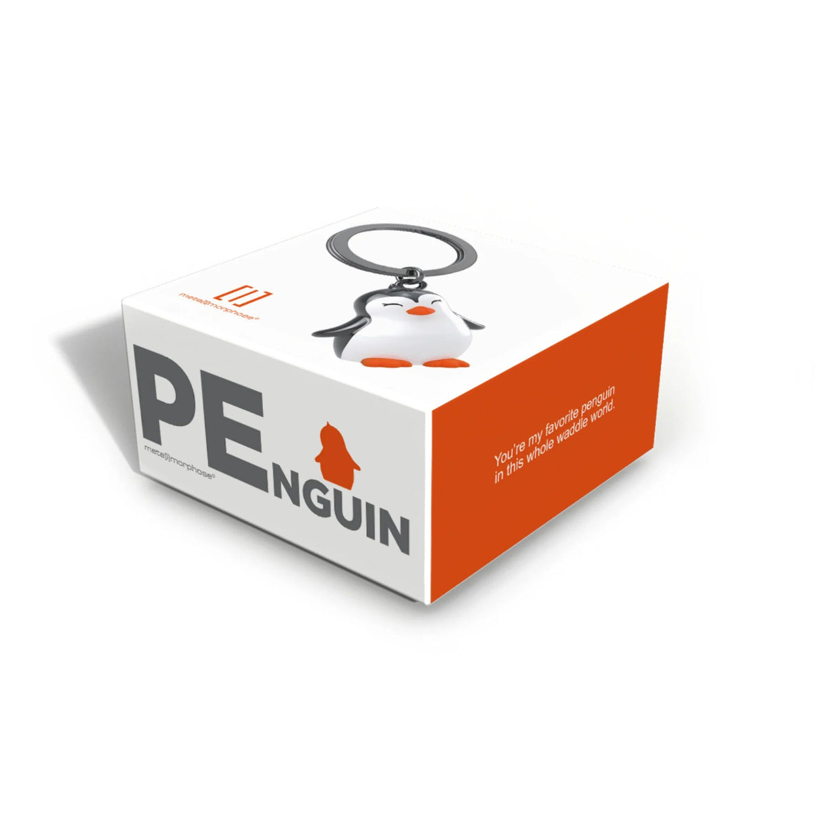 Penguin keychain packaging with a penguin illustration on a white background
