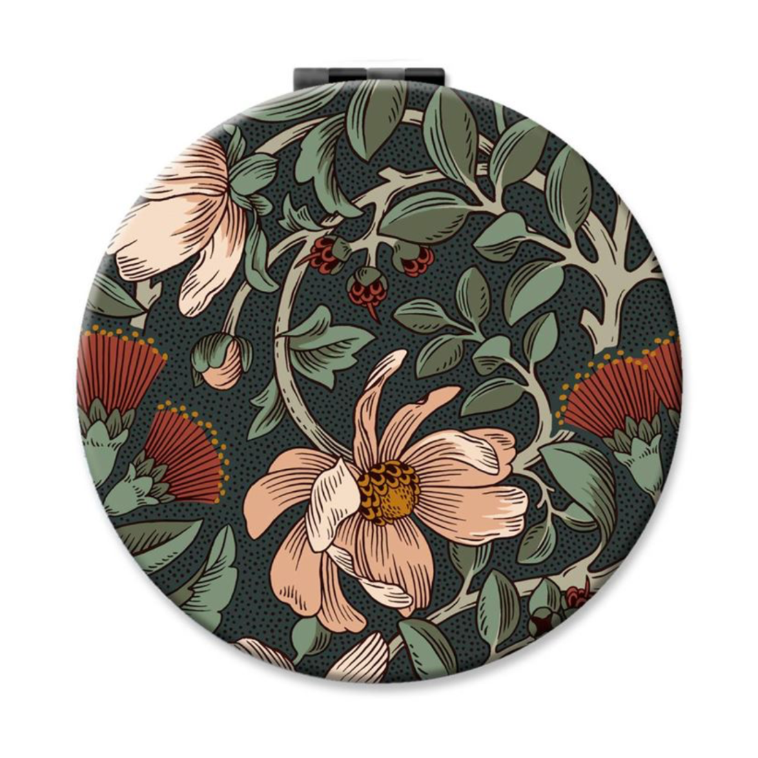 Round compact mirror with floral design on a white background