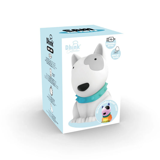 Dhink toy packaging for night light with a cartoon dog illustration on a white background