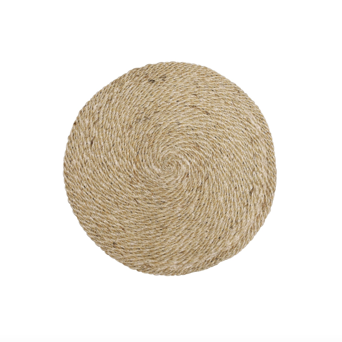 A round placemat made of natural jute fiber, with a textured appearance, displayed on a white background.