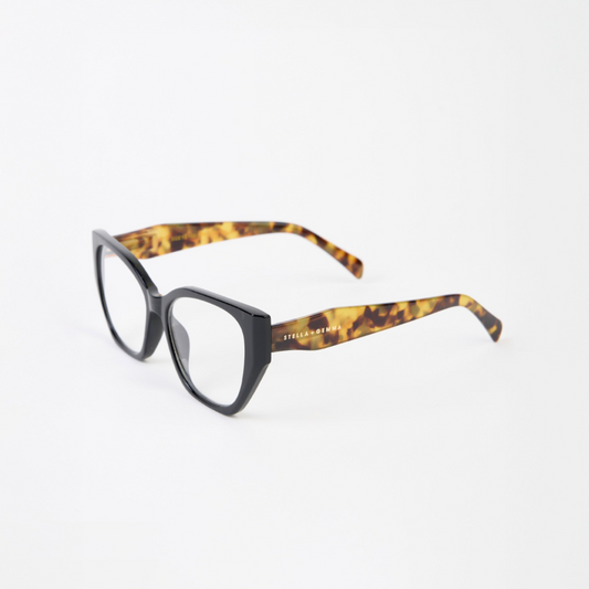 Eyeglasses with tortoiseshell arms on a white background
