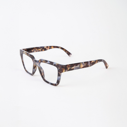 Tortoiseshell eyeglasses on a white background