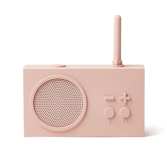 Pink portable radio with speaker and control buttons on a white background