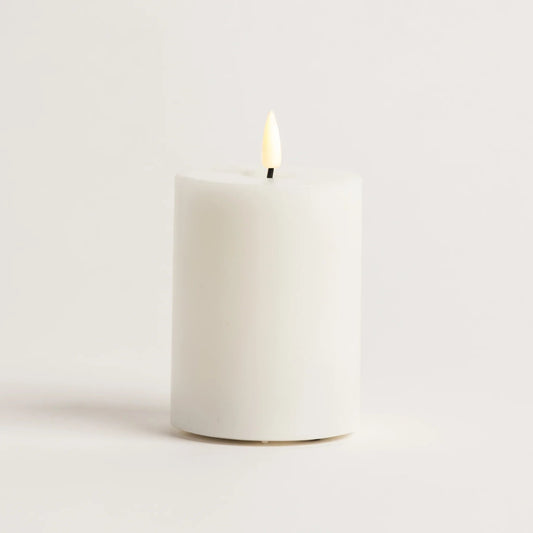 White candle with a lit wick on a light gray background