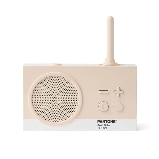 Beige portable radio with Pantone branding on a white background