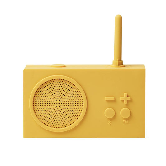 Yellow portable radio with antenna on a white background