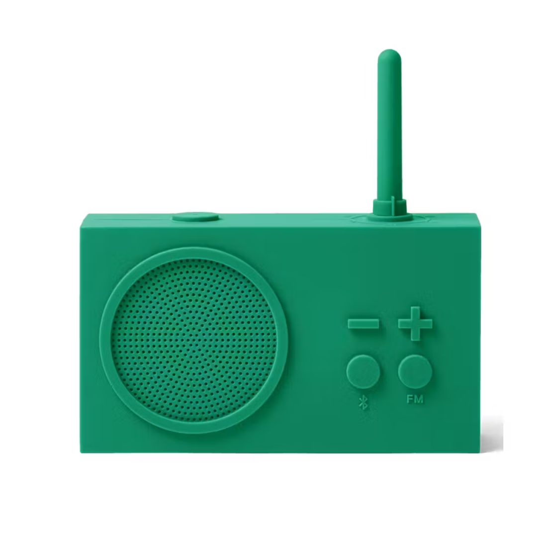 Green portable radio with antenna on a white background