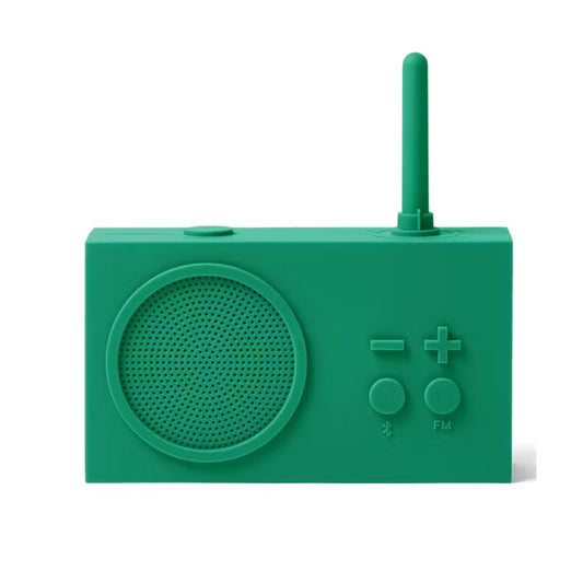 Green portable radio with antenna on a white background