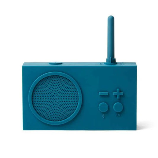 Teal blue portable radio with antenna on a white background