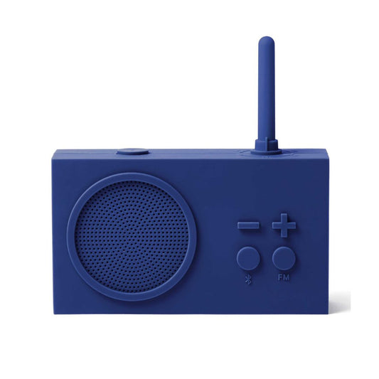 Dark blue portable radio with antenna on a white background