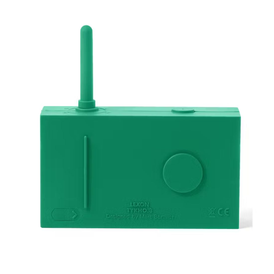 Back of a green radio with antenna on a white background