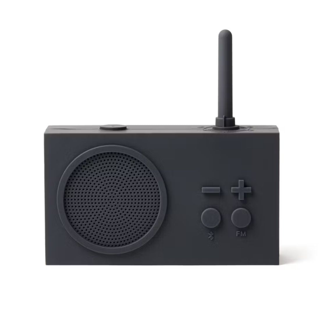Dark grey portable radio with speaker and control buttons on a white background