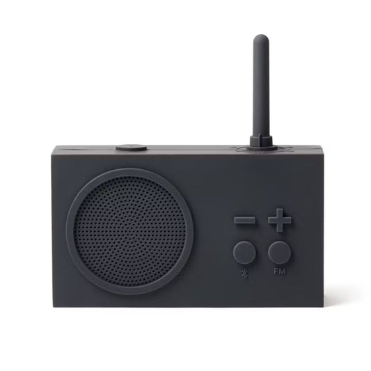 Dark grey portable radio with speaker and control buttons on a white background