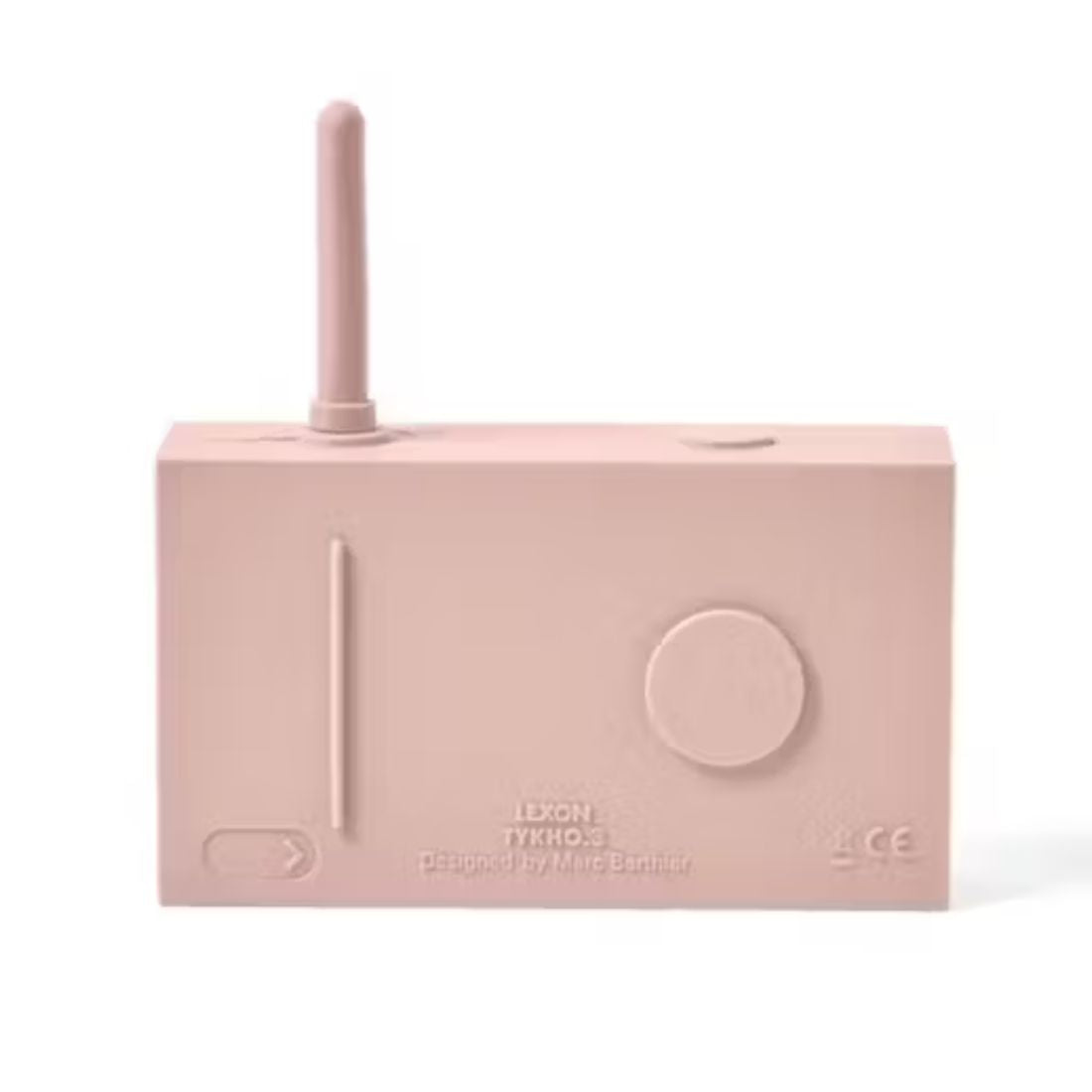 Pink portable radio with a small antenna on a white background