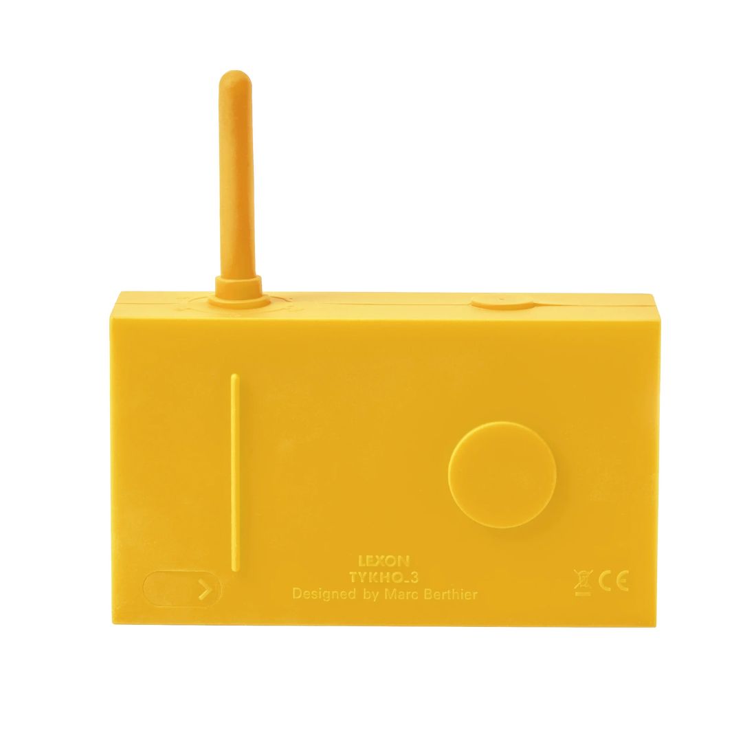 Back of yellow radio with an antenna on a white background