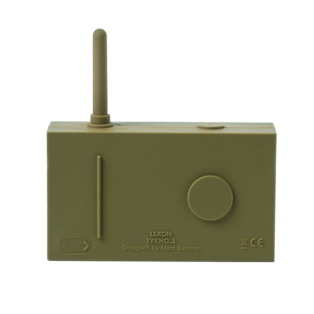 Back of khaki green portable radio with antenna on a white background