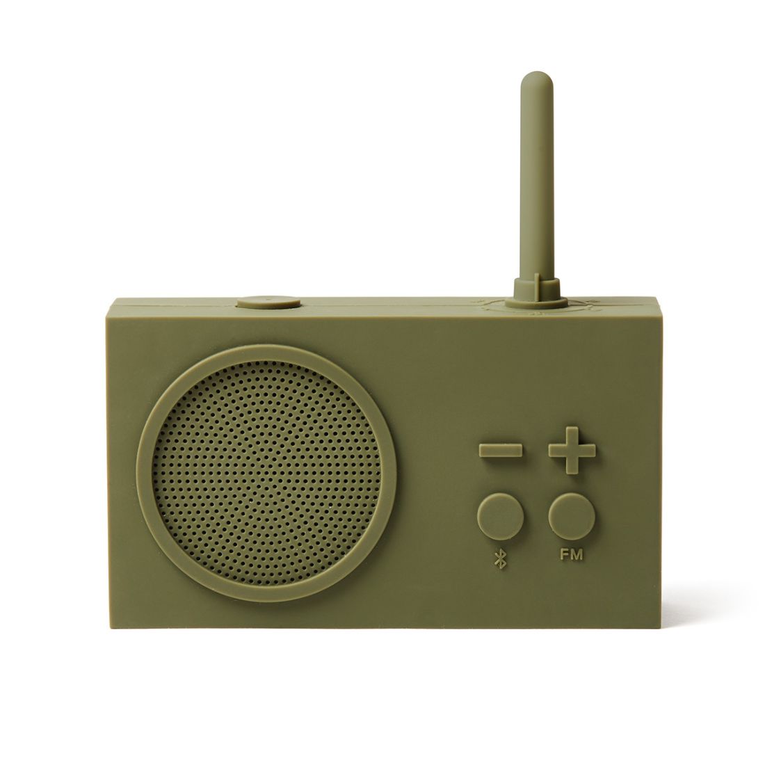 Khaki green portable radio with control buttons on a white background