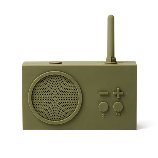 Khaki green portable radio with control buttons on a white background