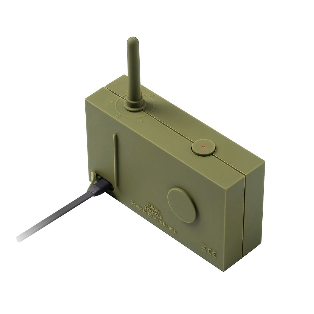 Khaki green portable radio with antenna and charging cable plugged in on a white background