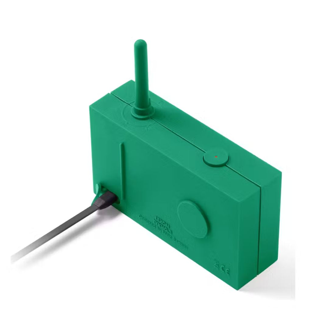 Green radio with an antenna on a white background