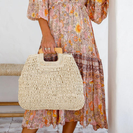 Woven Tote with Wooden Handles - Natural