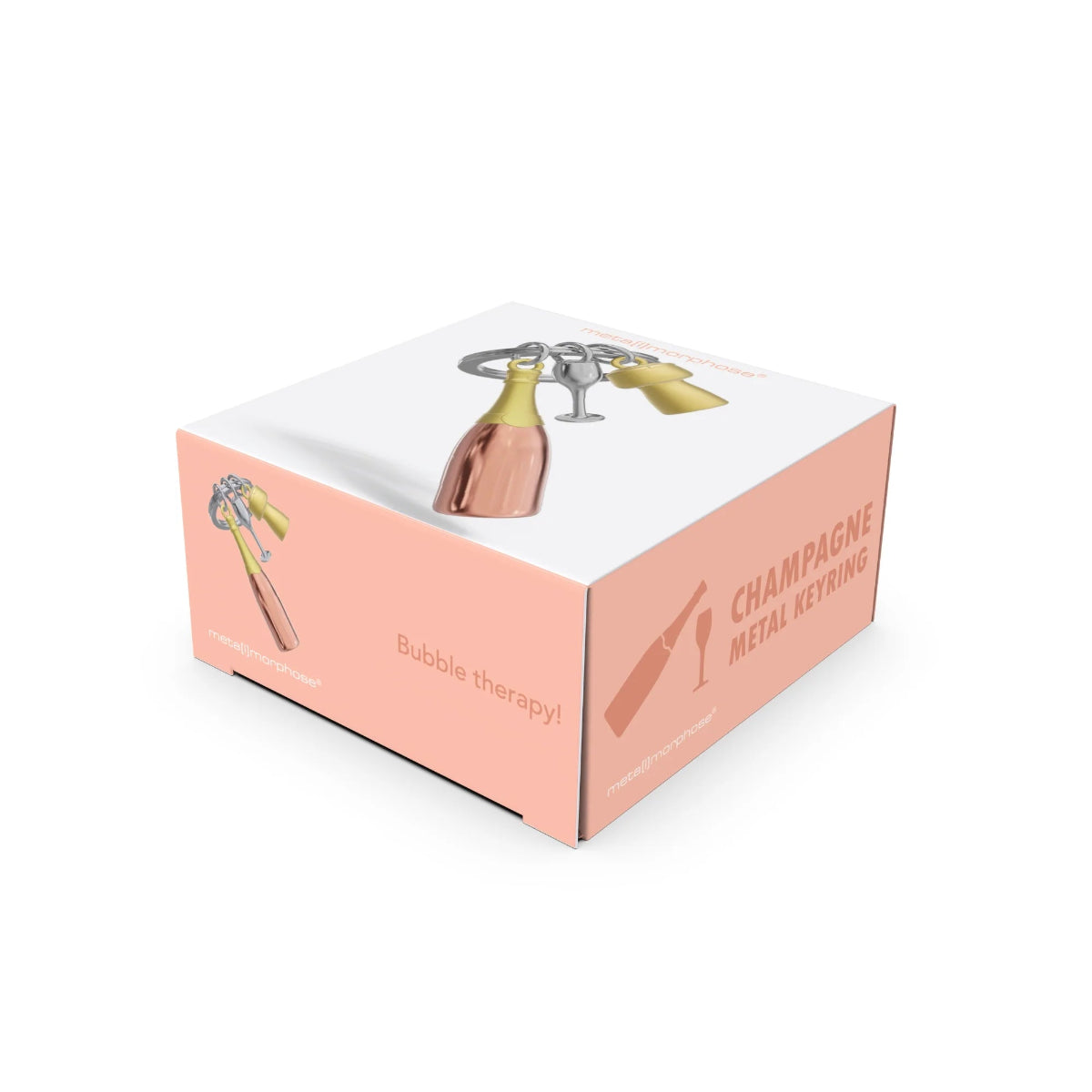 Box of champagne metal keyrings with a pink design on a white background