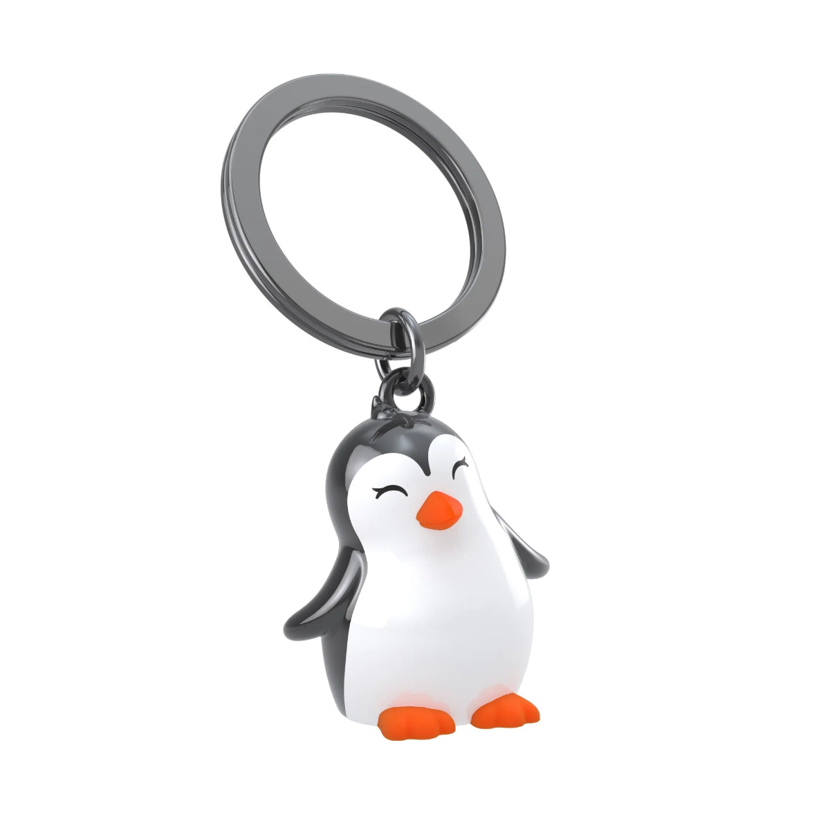 Penguin keychain with a gray ring on a white background