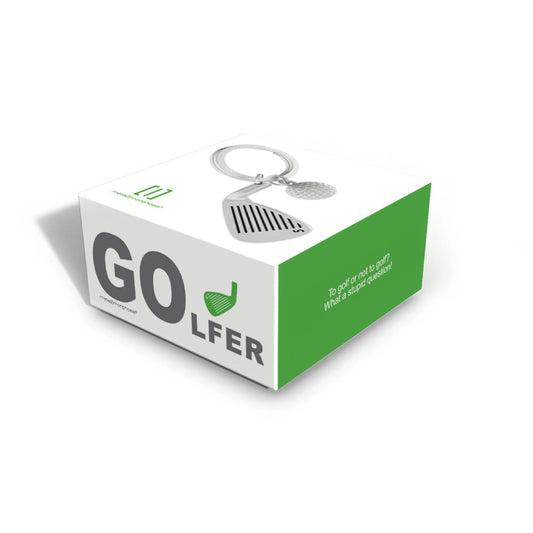 Keychain with golf club design on a 'GO GOLFER' branded box