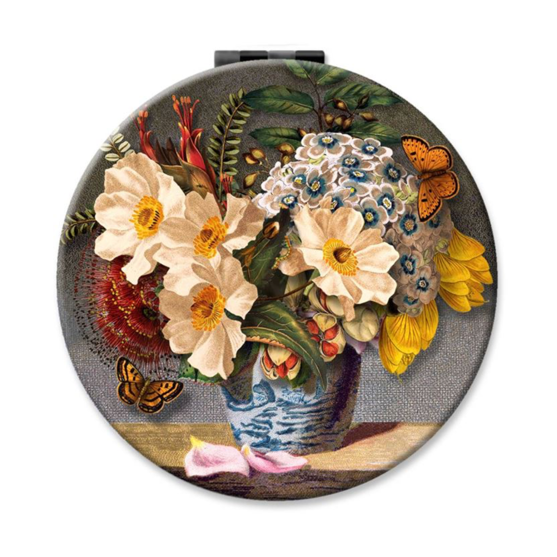 Compact mirror with floral design on a white background