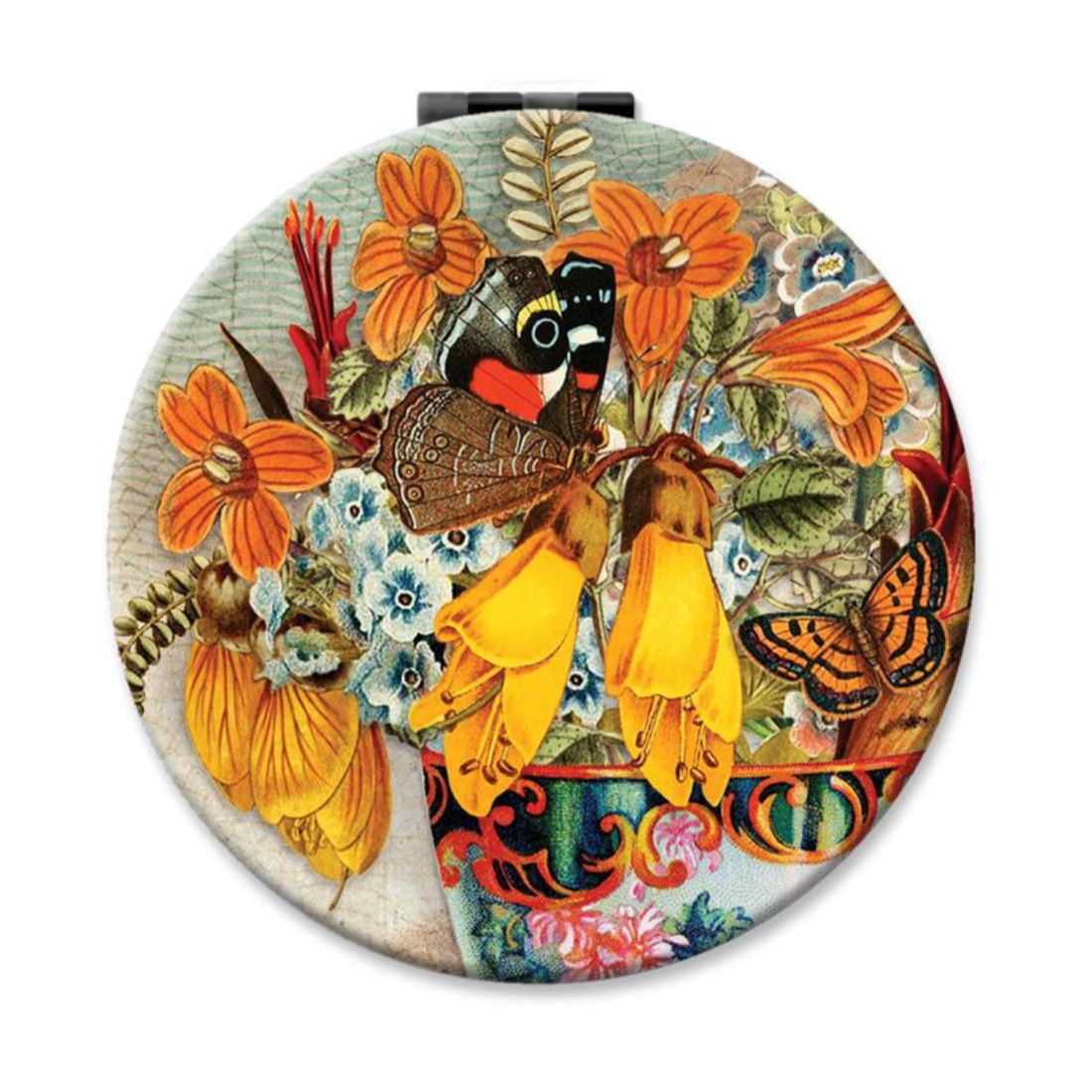 Round compact mirror with butterfly and floral design on a white background