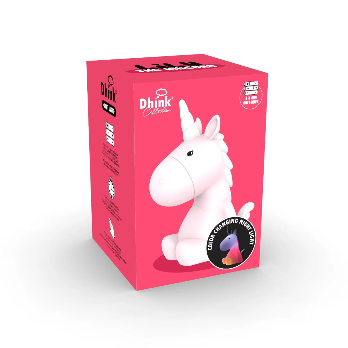 Pink packaging of a unicorn-shaped product with 'Dhink' branding on a white background