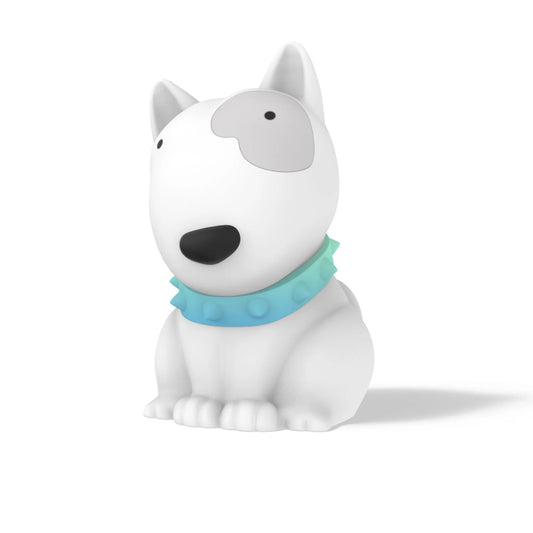 White dog night light with a blue collar on a white background