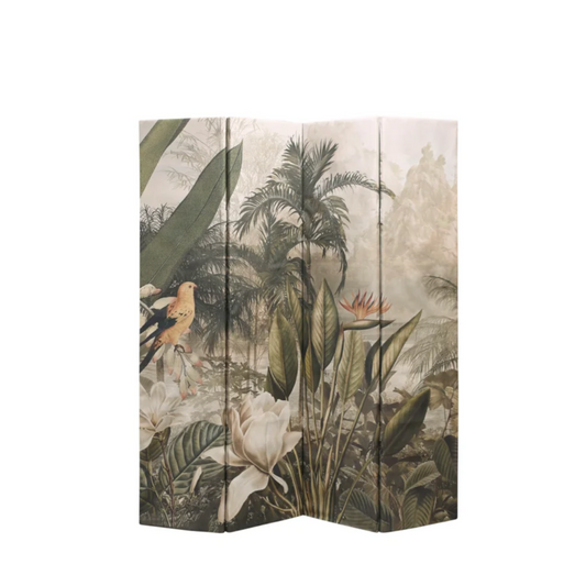 Room divider with tropical plant and bird design on a white background