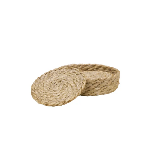 Two woven jute coasters on a white background