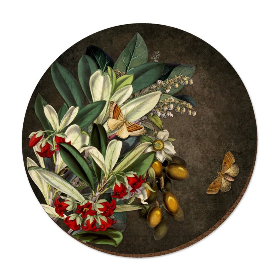 Round placemat of flowers and insects on a dark background