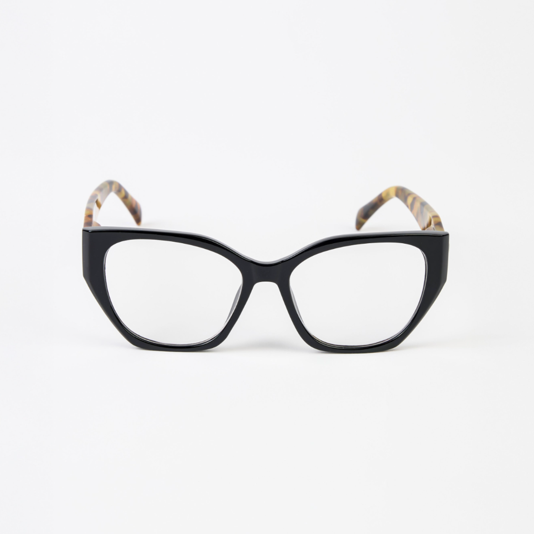 Black reader glasses with patterned temple tips on a white background