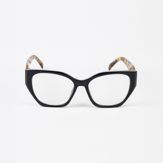 Black reader glasses with patterned temple tips on a white background