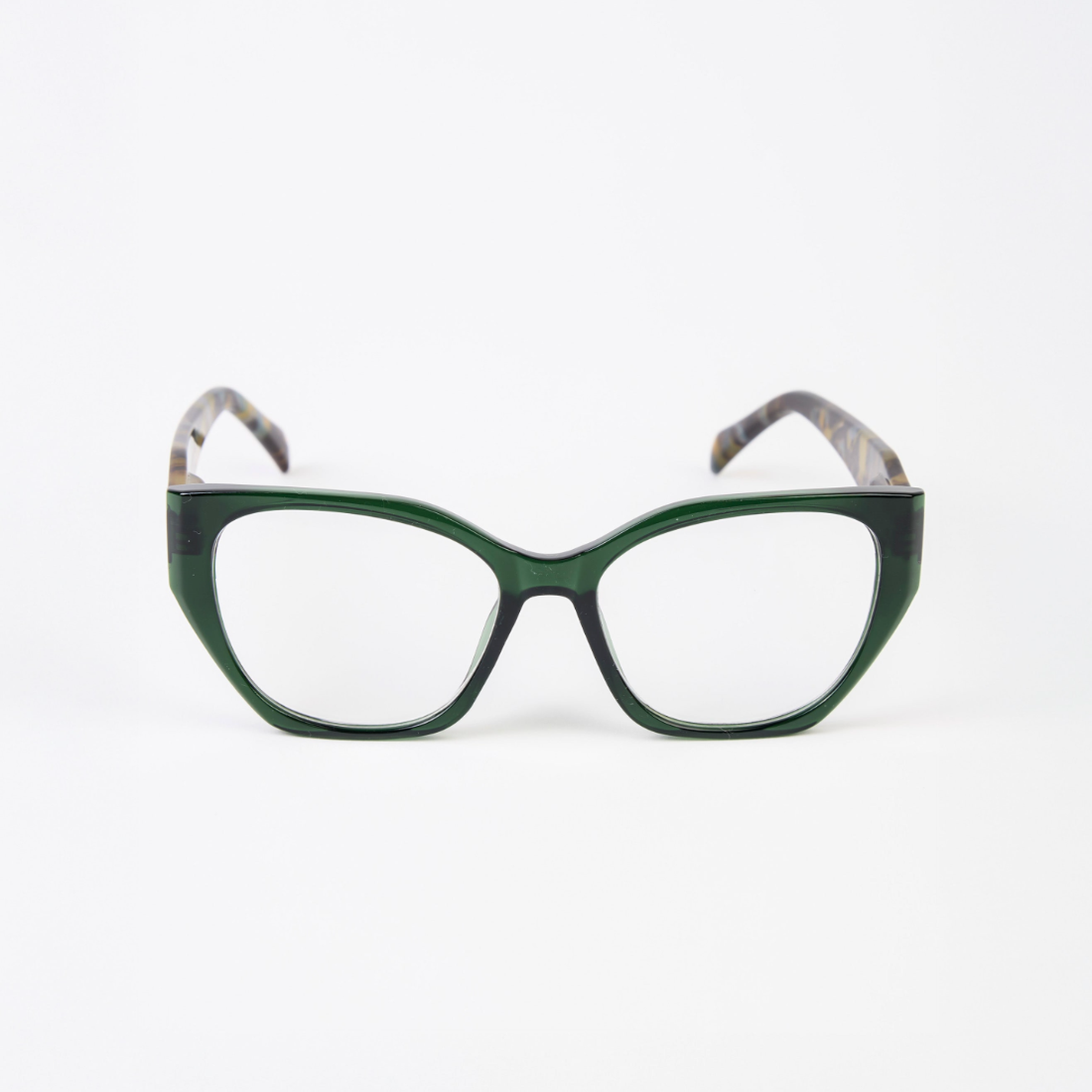 Green cat-eye reader glasses on a white background