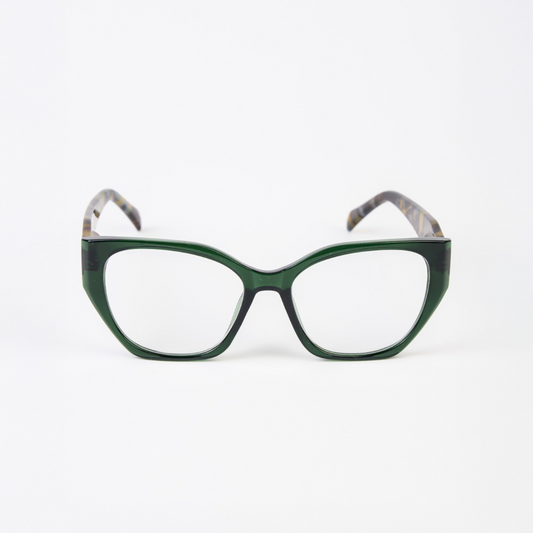 Green cat-eye reader glasses on a white background