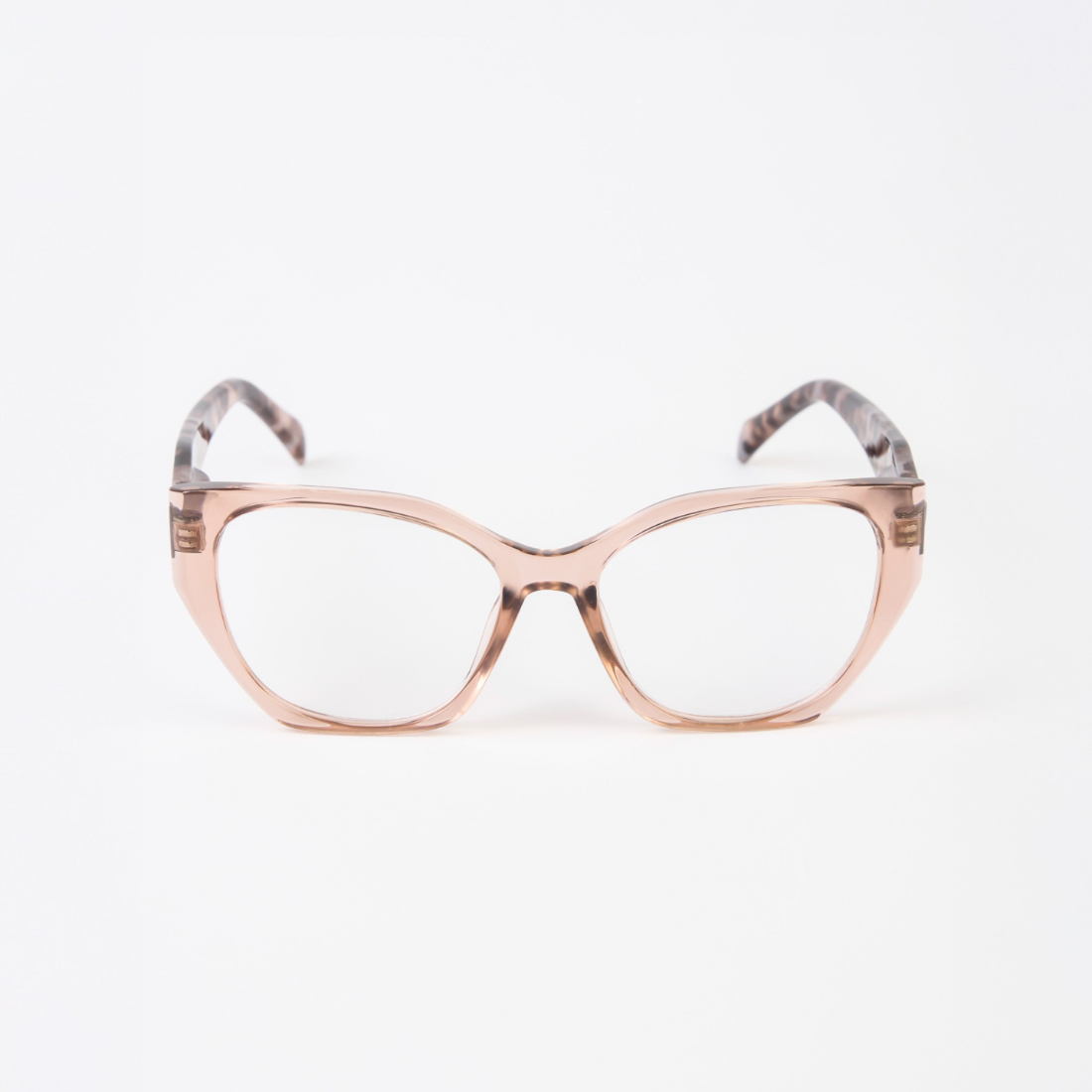 Cat-eye reader glasses with a rose gold frame on a white background