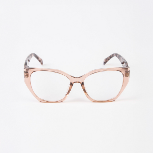 Cat-eye reader glasses with a rose gold frame on a white background