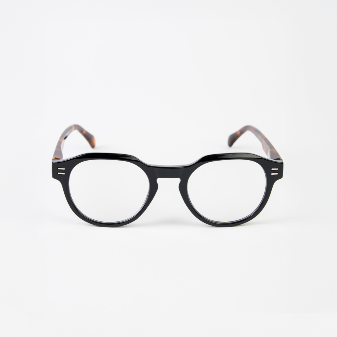 Black eyeglasses with a white background